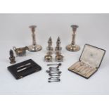 A collection of silver and silver plate items, to include a pair of George IV salt and pepper dishes