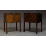 A pair of George III style mahogany bedside cabinets, late 20th Century, the tray tops, with