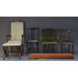 A Victorian mahogany bar back dining chair, with green velvet upholstered overstuffed seat on