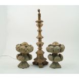 A pair of carved wood finials, 19th century, each designed with stacked leaf form rosettes,