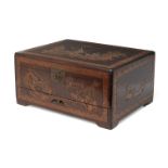 A Chinese hardwood cutlery box, early 20th century, carved to the cover, sides, front and reverse,