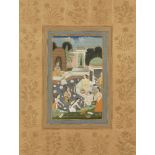 A Mughal style picture, 20th century, gouache on paper, depicting ladies bathing, to a recurrent