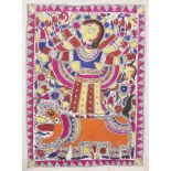 A signed Madhupani painting of Durga on her lion, Mithila, Bihar, India, opaque pigments on paper,