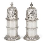 A pair of cylindrical Britannia silver sugar casters, London, c.1914, Solomon Joel Phillips, each