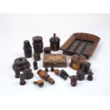 A collection of carved treen items, 19th century and later, to include a turned wood seal stamped '
