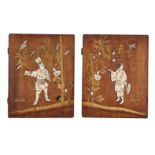 A pair of Japanese Shibayama inlaid wood panels, late 19th century, decorated with inlaid ivory
