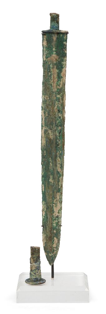 A Chinese bronze sword, jian, Warring States period, with tapered double-edged blade, partially - Image 2 of 2