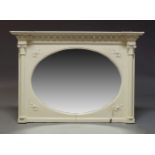 A white painted overmantle mirror, early 20th Century, the frieze with applied ball finials above