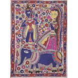 A signed Madhupani painting of Krishna and Radha on an elephant, Mithila, Bihar, India, circa