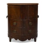 A George III mahogany demi-lune commode, with pair of curved and panelled cupboard doors above a