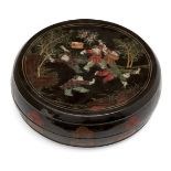A Chinese black lacquer circular box and cover, early 20th century, painted to the cover with boys