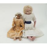 A Victorian poured wax doll, circa. 1860, with fixed blue glass eyes, painted brows and painted