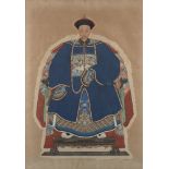 A Chinese ancestor portrait, 19th century, depicting a civil official of the 6th rank, wearing a