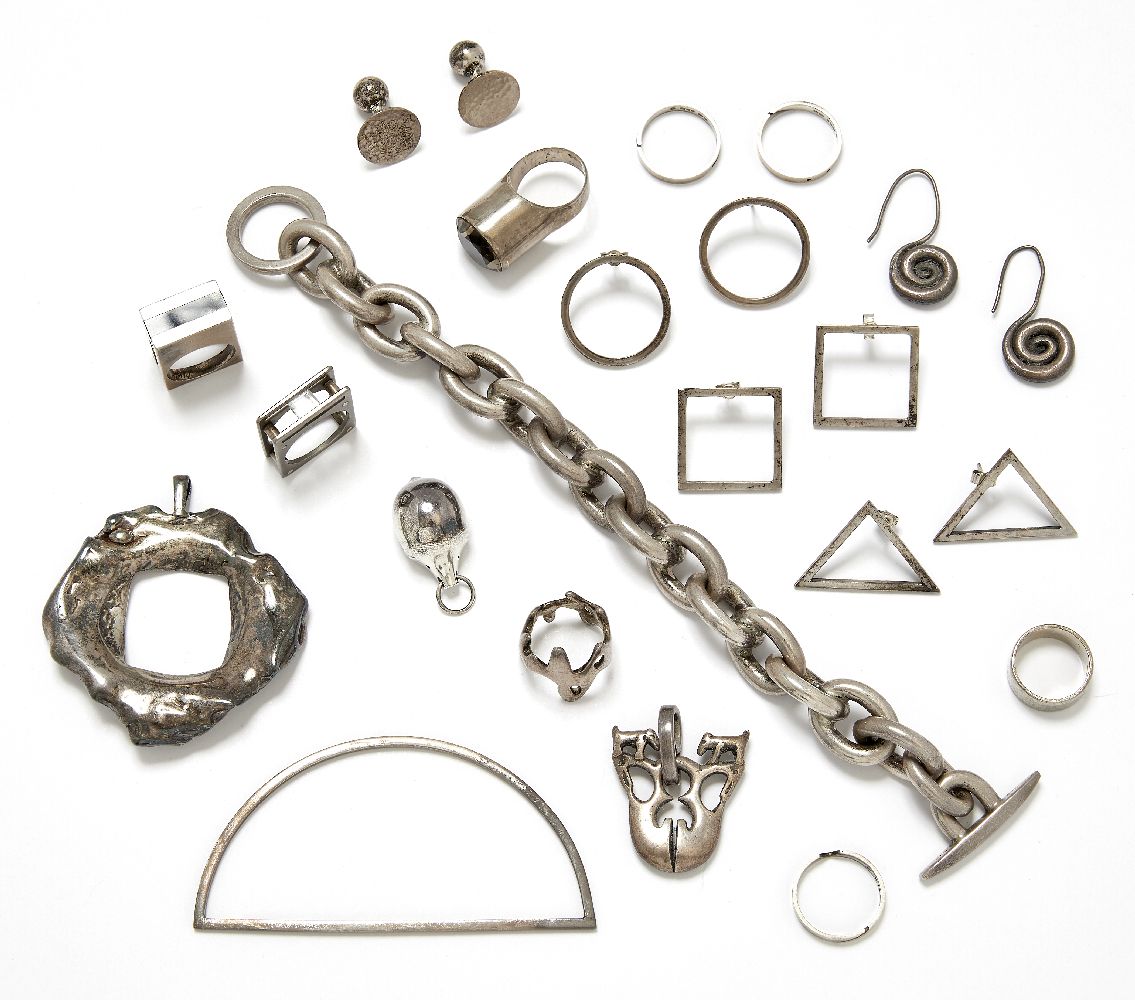 A collection of white metal jewellery, 20th century, to include: a Georg Jensen pendant designed