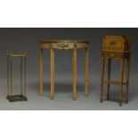 A pine demi lune side table, late 20th Century, the frieze with centred by carved vase and flanked