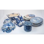 A collection of blue and white porcelain wares, to include a Staffordshire Ironstone cheese dish and