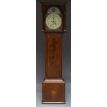 A George III mahogany longcase clock with boxwood inlay, the flat top hood with cornice above an