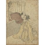 Two Japanese woodblock prints, early 19th century, one depicting a lady with a monkey pulling at her