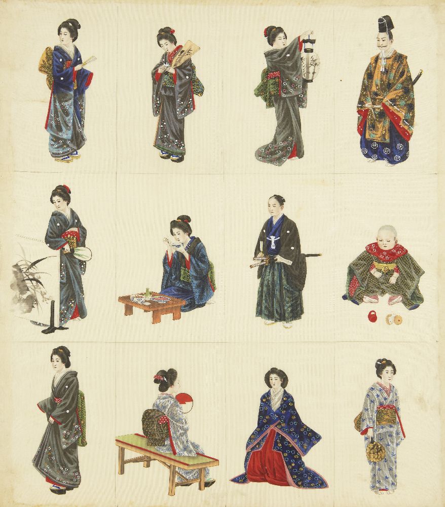 19th century Japanese school, a series of twelve portrait studies, watercolour on silk, 45x40cm,