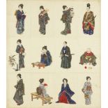 19th century Japanese school, a series of twelve portrait studies, watercolour on silk, 45x40cm,