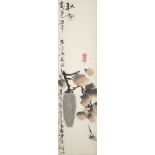 20th century Chinese School, ink and colour on paper, hanging scroll, dragonfly above fruiting