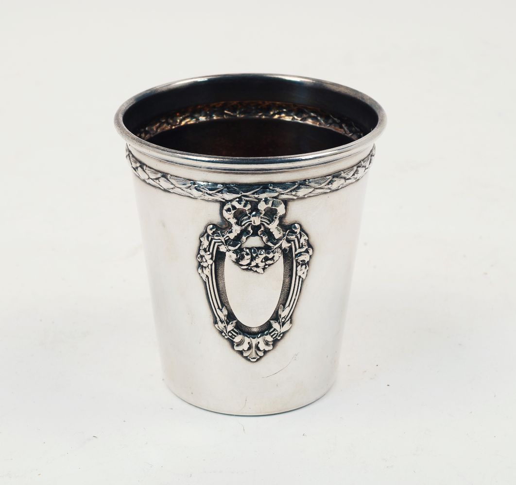 A French silver stirrup cup, late 19th/early 20th century, of tapering cylindrical form, with gilt