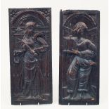 Two Charles II carved oak panels, each of rectangular form, with carved reliefs of two figures,