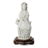 A Chinese Dehua porcelain figure of Guanyin, 18th century, modelled seated on a lotus base, 13.8cm