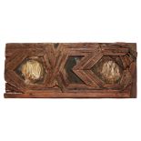 A Central American carved wooden ceiling panel fragment, designed with recurrent hexagonal
