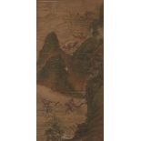19th century Chinese School, a set of three ink and colour on silk, mountainous landscapes with