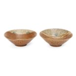Two small Japanese bowls, Meiji Period, brown glaze with scrolling overglaze enamel decoration, 13cm