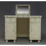 A white painted, faux bamboo and marble topped knee hole dressing table, late 20th Century, with