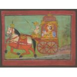 A princely couple in a carriage, Kulu, circa 1750, opaque pigments on paper, 15.1 x 20.3cmA princely