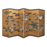 A Japanese six panel screen, late 19th century, ink colour and gold on paper, decorated with various