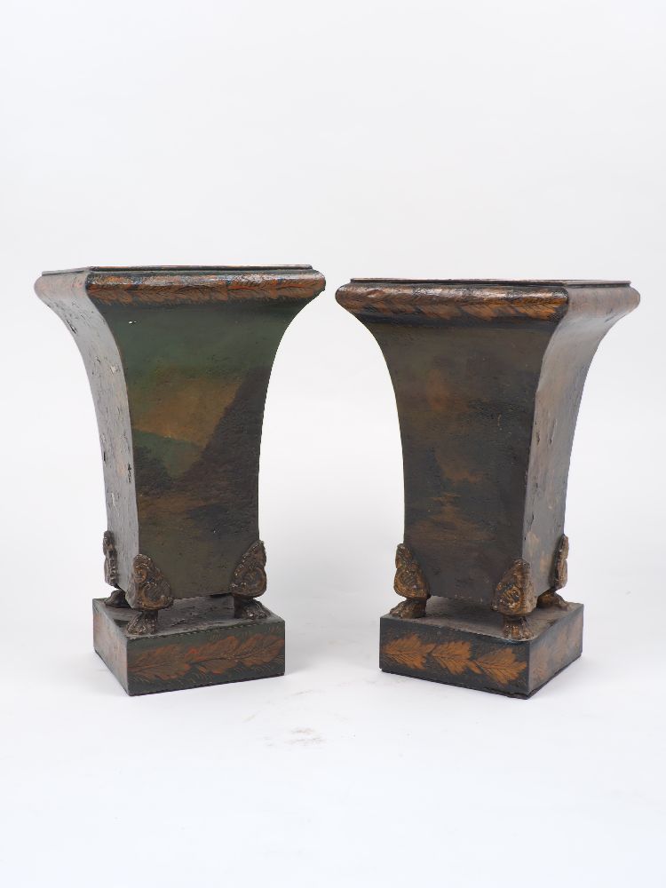 A pair of French tin planters, 19th century, of square section form, decorated in the chinnoiserie