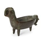 A Chinese bronze archaistic zoomorphic pouring vessel, late Qing dynasty, the handle cast as the