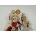 A collection of five wax over composition dolls, 19th century and later, to include: a long haired