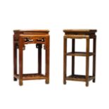 Two Chinese hardwood square jardiniere stands, early 20th Century, each with concealed drawers, 79cm