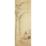 19th century Japanese School, poetess seated by a waterfall, ink and colour on paper, 116x43cm, in