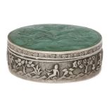 An aventurine or jadeite lidded silver box, India, 19th century, of oval form, the body with
