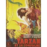 A 'TARZAN ET SA COMPAGNE' movie poster, starring 'Johnny Weissmuller and Maureen O'Sullivan',