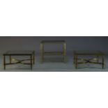 A pair of brass side tables, c.1960, the square glass tops on cylindrical supports joined by x-