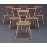 A set of six ash Ercol Originals stacking chairs for Ercol, of recent manufacture, with curved
