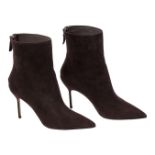 A pair of Manolo Blahnik ankle boots, designed in a dark chocolate suede, with pointed toe and