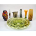 A group of glass vases, 20th century, to include a smoky glass 'Totem' vase by Geoffrey Baxter for