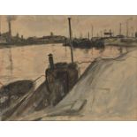 Jakob Nussbaum, German 1873-1936- Dockland scene; charcoal and wash, signed, 31.5x40cmPlease refer