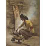 S. Toyo, Indonesian 1935-2000- Woman cooking; oil on canvas, signed, 65x50cmPlease refer to