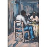 Bmngu, East African School, mid-late 20th century- Figures in a café; oil on board, signed and dated