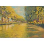 Sally Trueman, British b.1960- Yellow canal du Midi; pastel, signed, bears labels to the reverse,