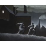 Mackenzie Thorpe, British b.1956- Men out at night by factories; pastel on textured paper, signed